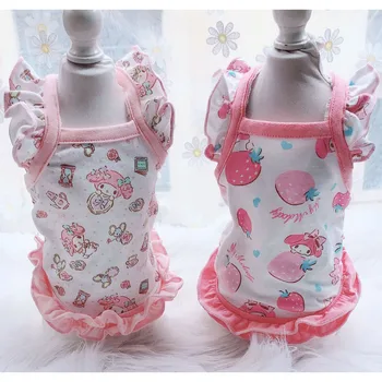 

Cute Dog Clothes Summer For Girls Pink Strawberry Print Flying Short Sleeve Vest Shirt For Chihuahua Ruffle Puppy Cat Clothes XL
