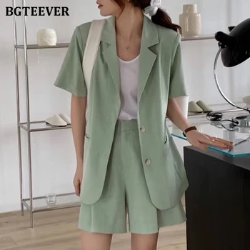 

BGTEEVER Summer Chic Light Green Shorts Suit Women Single-breasted Blazer & Loose Shorts Casual Pockets Female 2 Pieces Set 2020