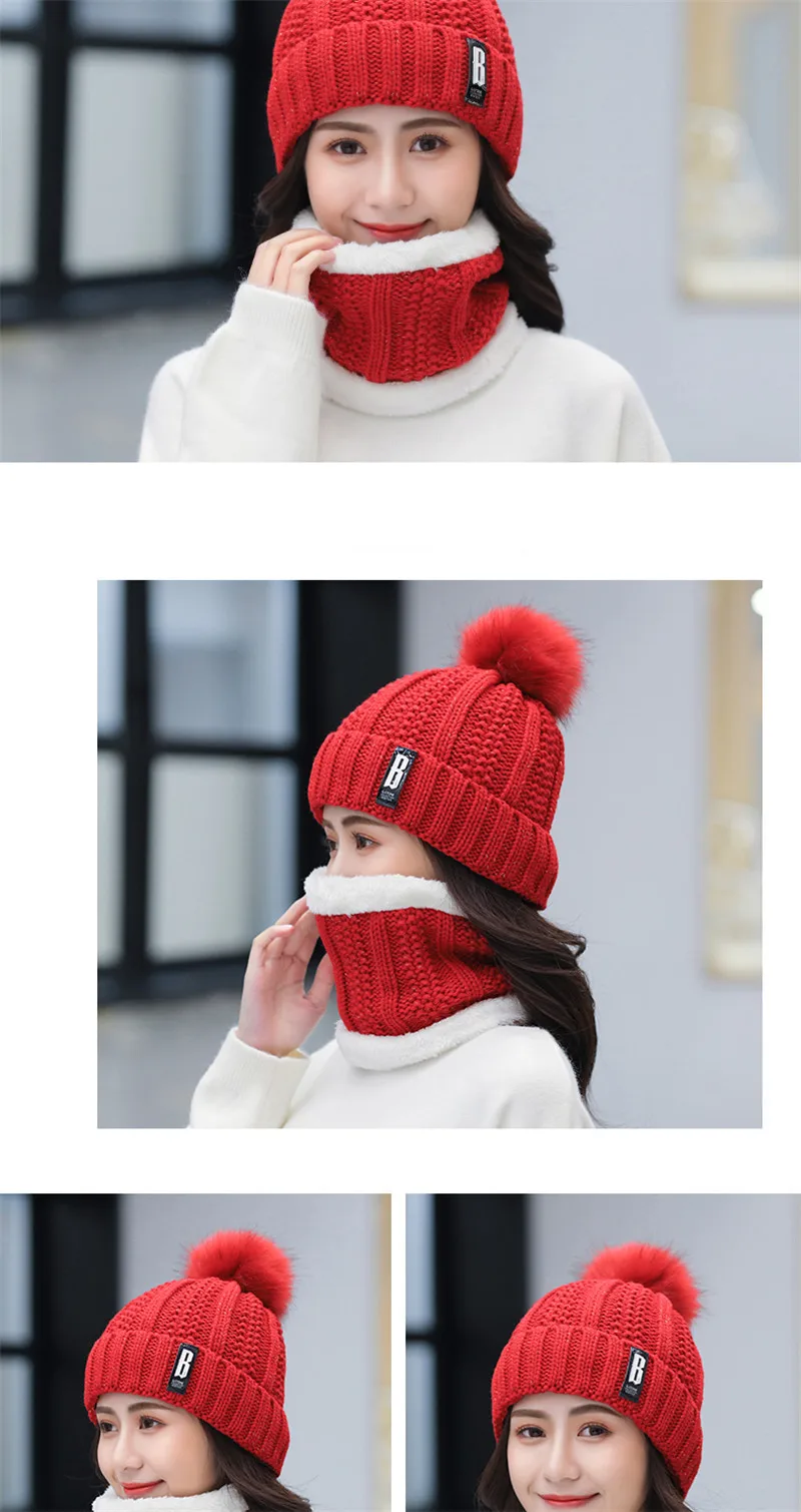 Новая зимняя шапка, шарф, комплект для девушек, Модная хлопковая теплая шапка с помпоном + шарф, 8 цветов, Милая женская шапка, шарф, комплект