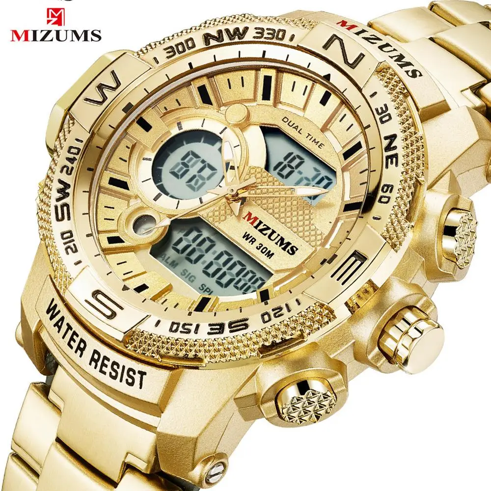 

MIZUMS Military Wrist Watches LED Sports Digital Watch Men Gold Full Steel Band Dual Time Quartz Clock For Man Relogio Masculino