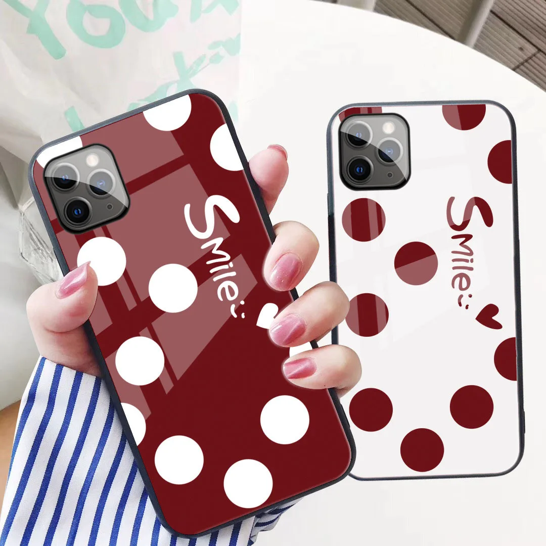 Для iPhone 11 Pro Max XS MAX XR XS i8 i8 Plus i7 i7 Plus защитный чехол из закаленного стекла с винно-красным узором в черный горошек для iPhone 6 6s Plus