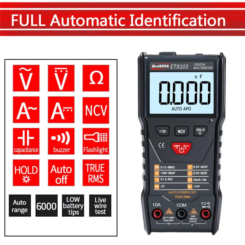 

Intelligent Auto Measure Multimeter True RMS Digital 6000 Counts Multimeter+DC800V+Data Hold +Backlight+NCV/Super Bright