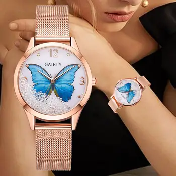 

Brand Women's Watch Luxury Rose Gold Bracelet Dress Watches For Women Fashion butterfly Blue Dial Mesh Steel Girl Quartz Watch