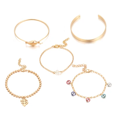 Docona Boho Золотой корпус лист цветной кристаллический кулон браслет набор для женщин Открытый регулируемый браслет 5 шт./1 комплект 8467 - Окраска металла: gold
