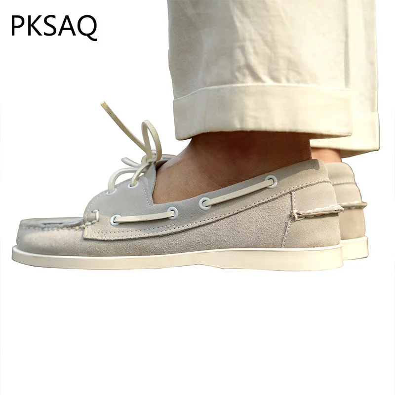 

Spring Autumn Grey Men Boat Shoes Lace Up Make Hand Low-heeled Flat Shoes Business Leather Casual Shoes Breathable Men's Shoes