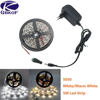 5m LED 스트립 화이트 따뜻한 화이트 단색 테이프 다이오드 DC12V 300led/5m 5050 2835 SMD 유연한 리본 피타 LED 조명 스트립 + 어댑터, 유연한 조명