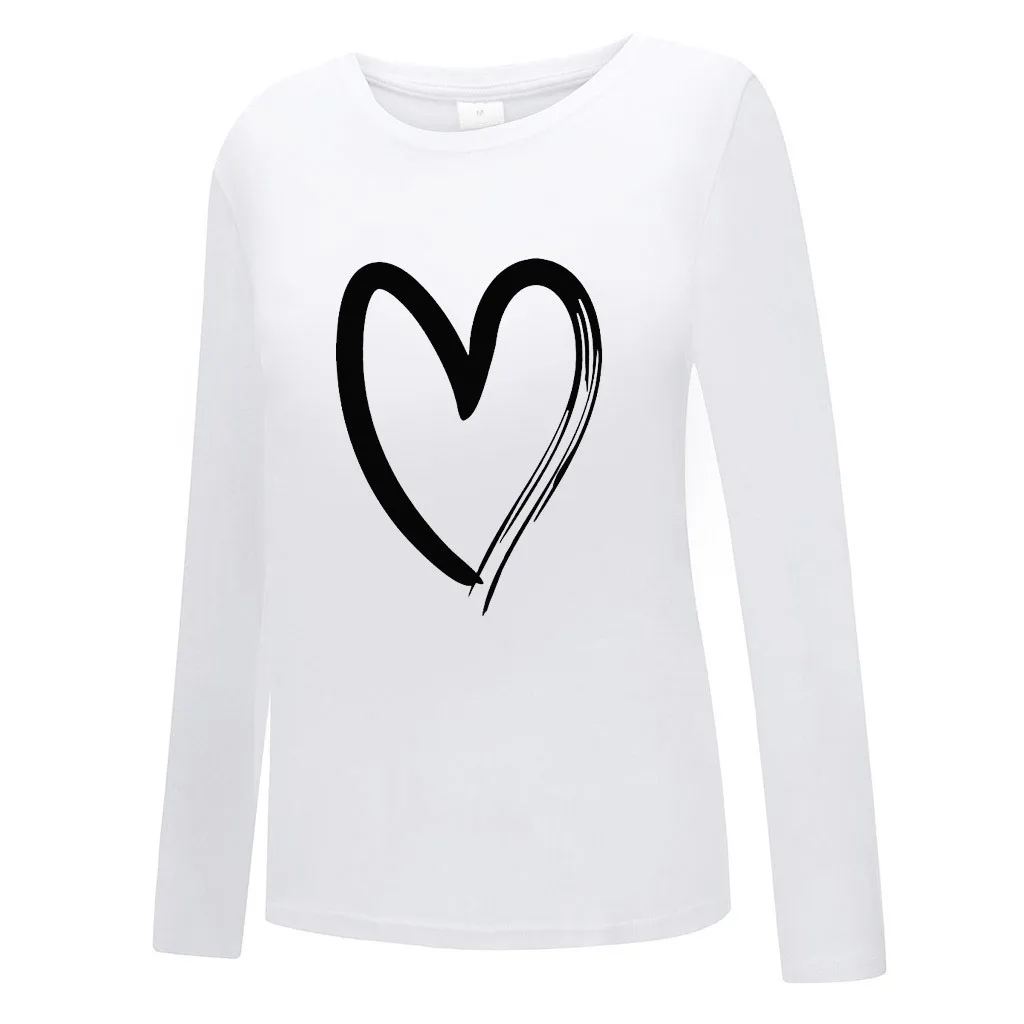 Women Love Heart Print Blouse O Neck Long Sleeve Casual Shirts Female Plus Size Loose Top Blusas Mujer #YJ