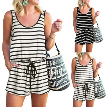 

Women's Summer Striped Print Vest Lace-Up Pocket Jumpsuit
