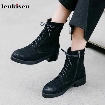 

Lenkisen vintage lace up motorcycle boots round toe genuine leather med heels classic punk winter warm women ankle boots L46