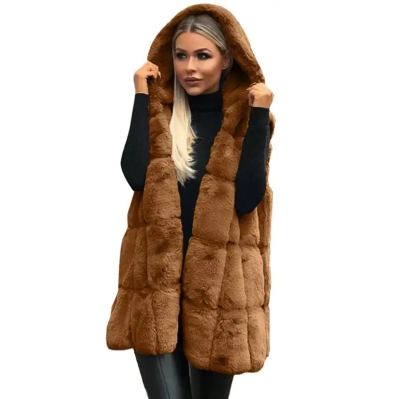 Женский жилет для отдыха, зимний,, с капюшоном, искусственный мех, кардиган, женский, удобный, мягкий, простой, однотонный, средней длины, пальто