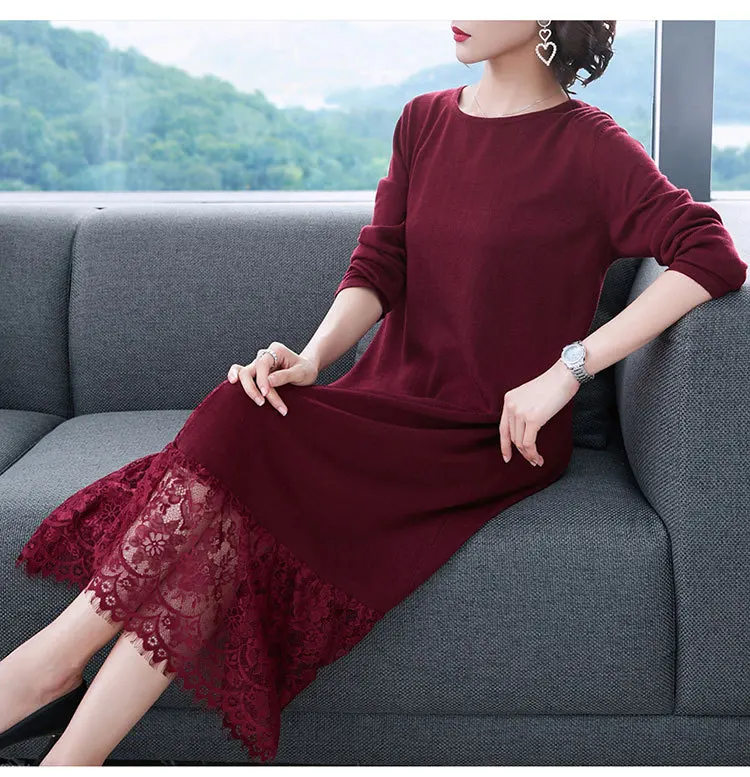 Women s Clothing Dresses Christmas sexy pullover jurken work beige knitted lace floral dress plus size long autumn winter