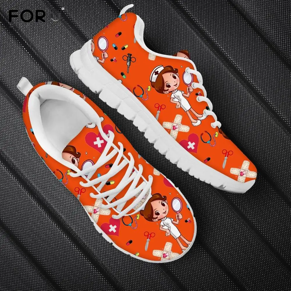 

FORUDESIGNS Cute Cartoon Nurse Shoes for Women Orange Ladies Flats Sneakers Breathable Nursing Female Lace Up Spring Footwear