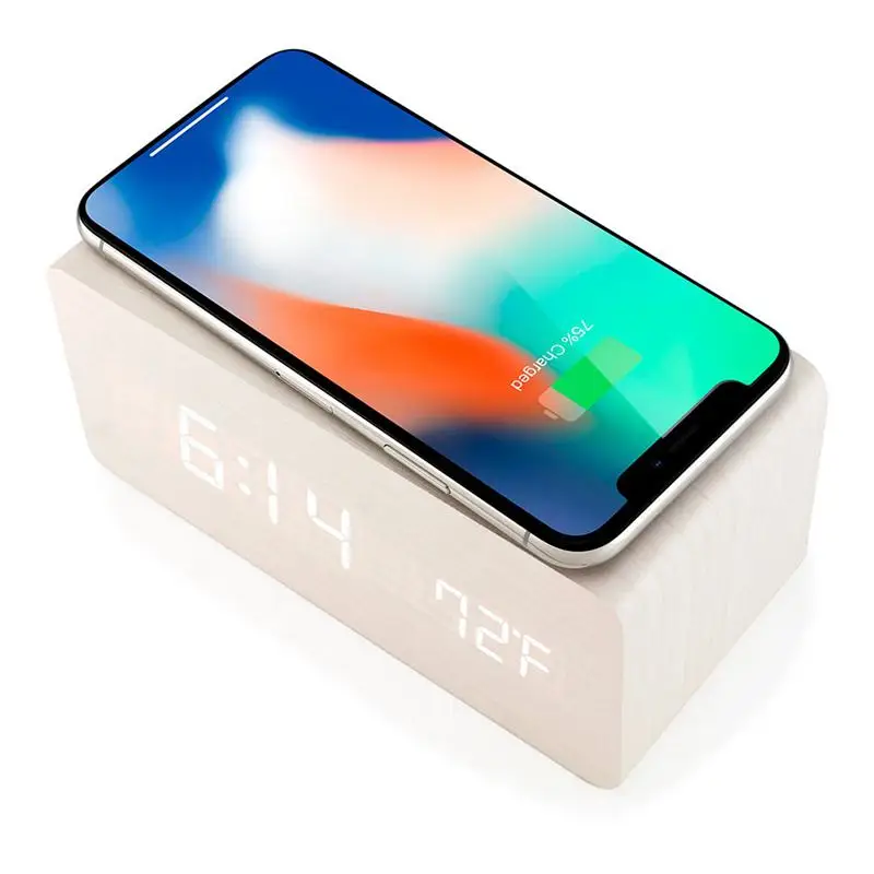 White Деревянный Будильник с Qi беспроводной зарядной панелью совместим с Iphone samsung деревянные светодиодные цифровые часы управление звуком Functio - Цвет: White