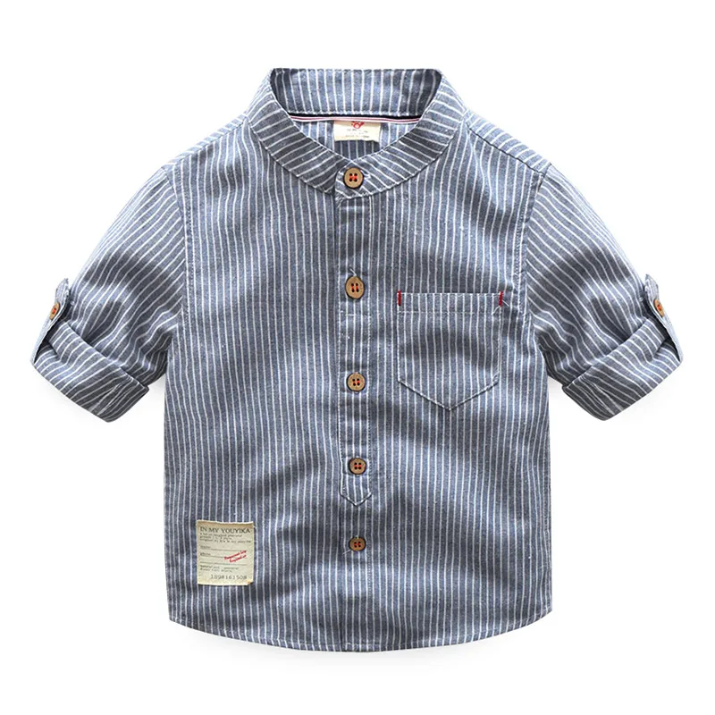Spring Autumn 2 3 4 6 8 10 Years New Design MANDARIN COLLAR Long Sleeve Pocket Classic Striped Shirts For Kids Baby Boys
