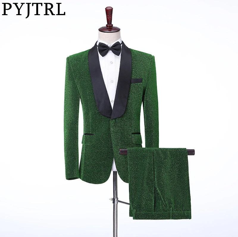 PYJTRL New Men 3 Pieces Set Shawl Lapel Shiny Suits Green Wedding Groom Banquet Slim Fit Tuxedo Party Costume Homme Singers Suit | Мужская