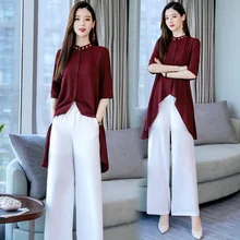Spring Summer 2 Piece Sets Women Half Sleeve Long Blouse Tops And Wide Leg Pants Suit Vintage Casual Office Elegant Women's Sets