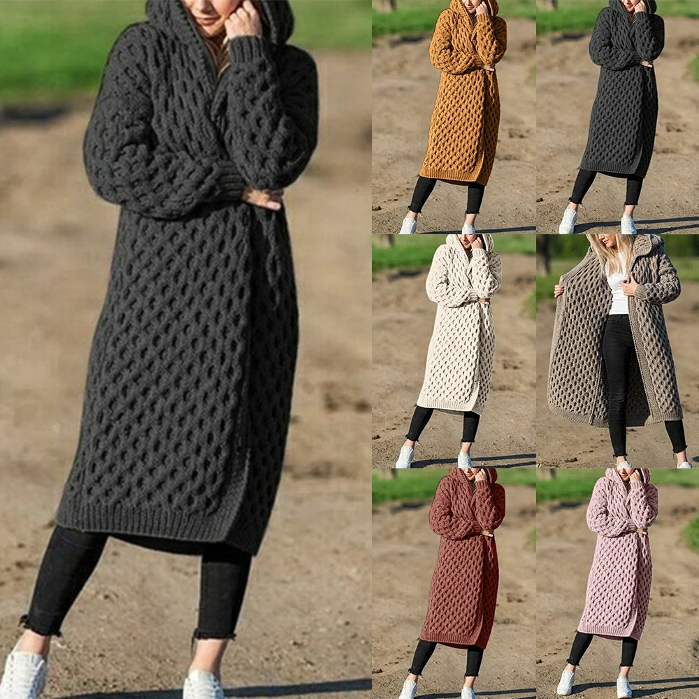 Вязаный тонкий кардиган для женщин, зимний с капюшоном, длинный женский винтажный свитер с длинным рукавом, верхняя одежда размера плюс, пальто, свитер для женщин