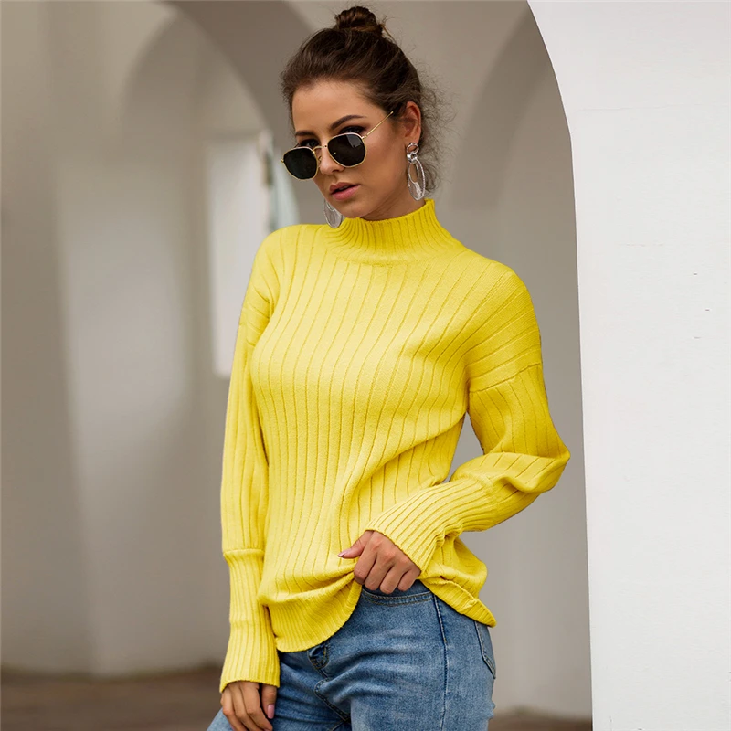 

Elegant Winter Women's Sweaters 2019 Fashion Lantern Sleeve Striped Knitting Pullover Turtleneck Woman Sweater Pull Femme