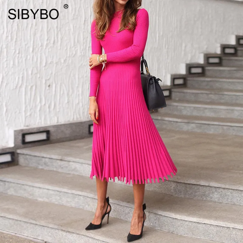 Rose Red SIBYBO зимние вязаные свободные Платья-свитеры Для женщин с длинным рукавом Плиссированные хлопковые длинные вечерние платья элегантная однотонная обувь для вечеринок; элегантная Для женщин рождественское платье - Цвет: Rose Red