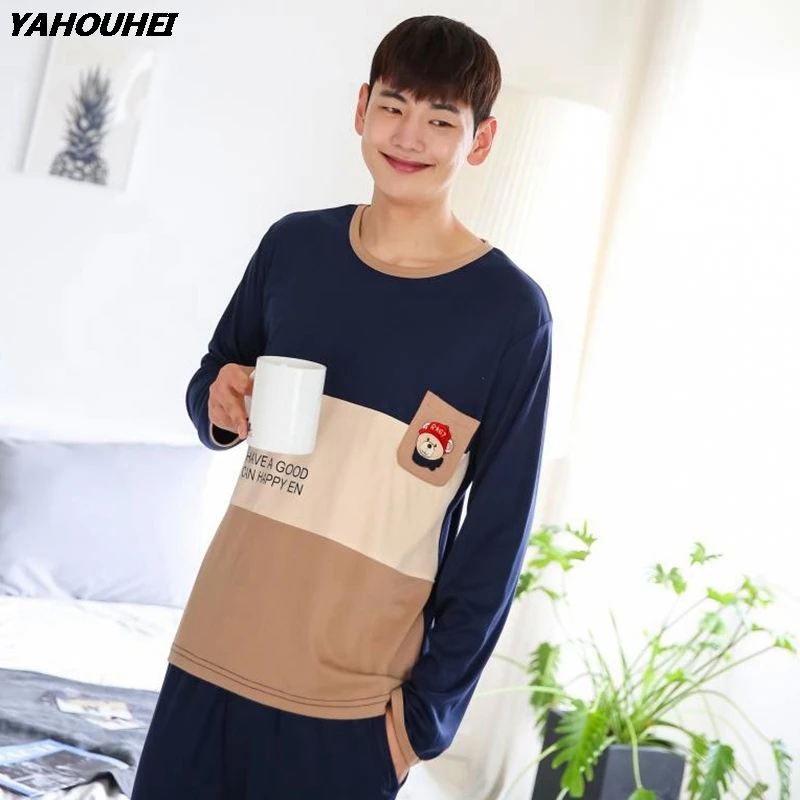 

2020 Autumn Winter Cotton Pajamas Sets For Men Long Sleeve Cartoon Pyjamas Sleepwear Suit Male Homewear Lounge Wear Home Clothes