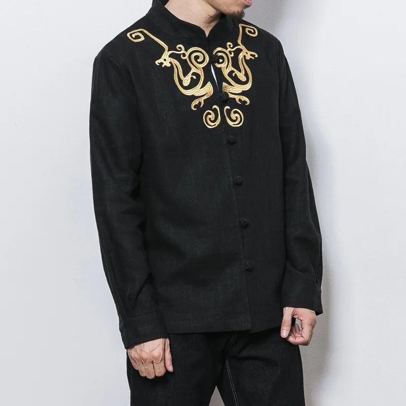 

Spring Chinese-style Flax Long-sleeved Shirt Chinese Style Retro MEN'S Outerwear Tops Embroidered Men'S Wear Chinese Costume You