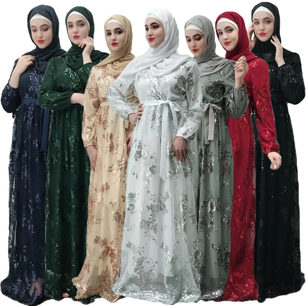 Lace Sequin Vestidos Ramadan Kaftan Abaya Arabic Islamic Muslim Maxi Dress Caftan Elbise Hijab Eid Dresses Robe Femme Musulmane