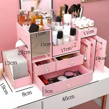 

[Send Mobile Phone Stand] Online Celebrity Makeup Storage Box Wood Desktop Organizing Drawer with Mirror Lipstick Skin Care Box