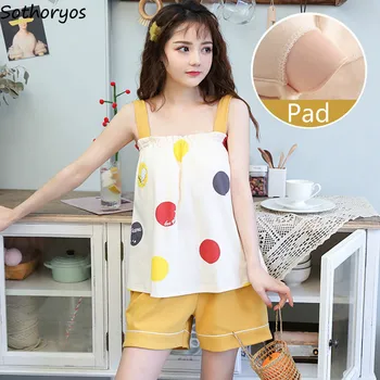 

Pajama Sets Women Sleeveless Strappy Ruffles Adjustable Padded Nightwear Sweet Girls Cotton Comfortable Loose Casual Trendy Soft