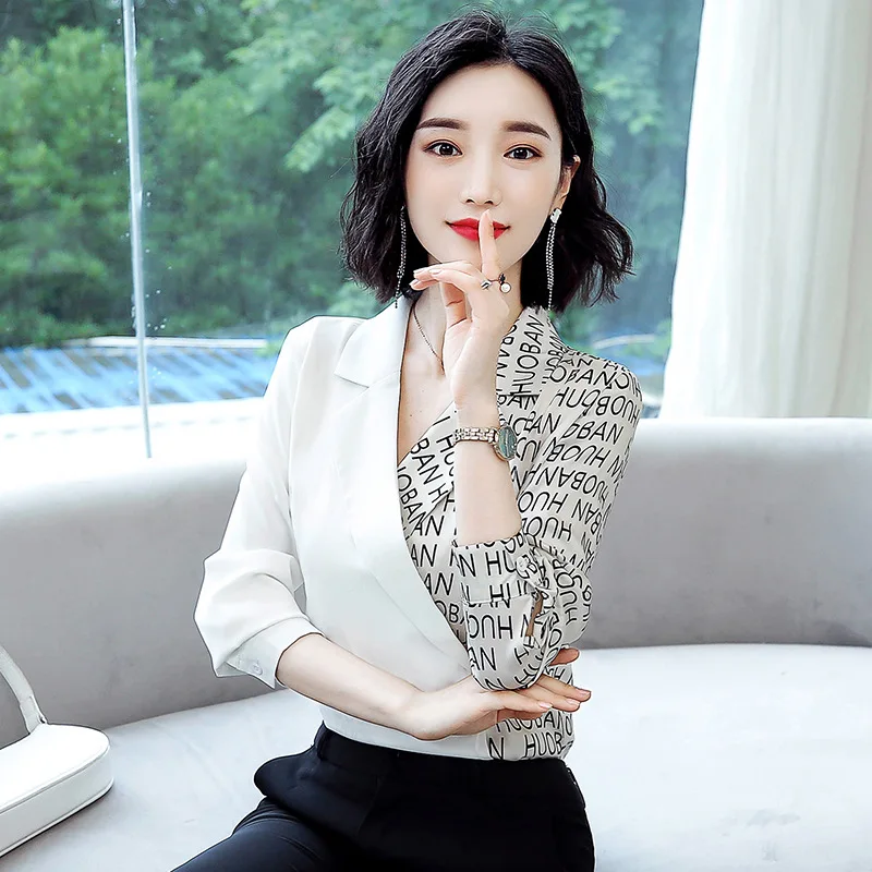 

2019 Fashion Women's Autumn Silk Shirt Lapels Stitching Letters Trend Temperament Elegant Commuter Blouse Plus Size Shirt 1736-2