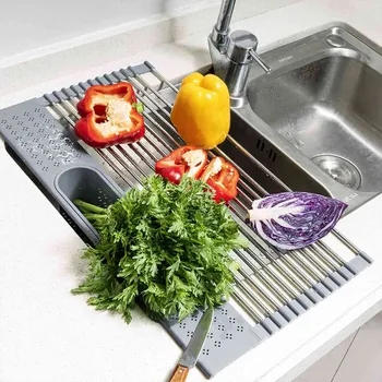 

Kitchen Drying Rack Dish Drying Rack Over Sink Roll-up Dry Drainers Stainless Steel Foldable Fruit Vegetable Tray Drainer