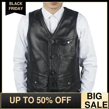 

2020 Black Men Japan Style Slim Fit Leather Vest Plus Size 5XL Genuine Cowhide Spring Short Fashion Single Breasted Leather Vest