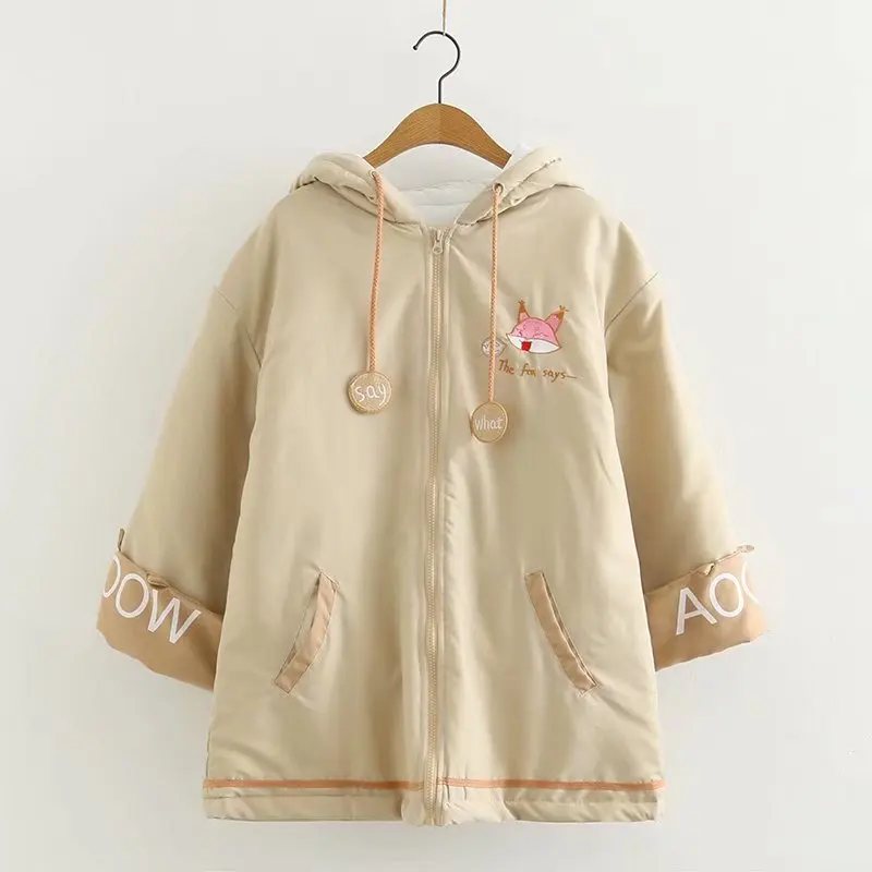 

2019 Winter Middle School Students Sweet Little Fox Hooded Mid-length Cotton Coat College Style Thick WOMEN'S Coat