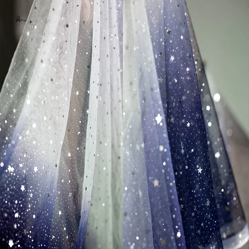 Soft Fabric Chiffon Fabric Sheer Dancing Dress Material Blue White Gradient Stars Gauze Sequin Mesh