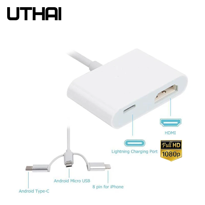 UTHAI C36 для iphone Android TYPE-C HDMI 1080P 3 в 1 цифровой av-адаптер для iphone 11 XR X 8 7 ipad Air HUAWEI MI конвертер