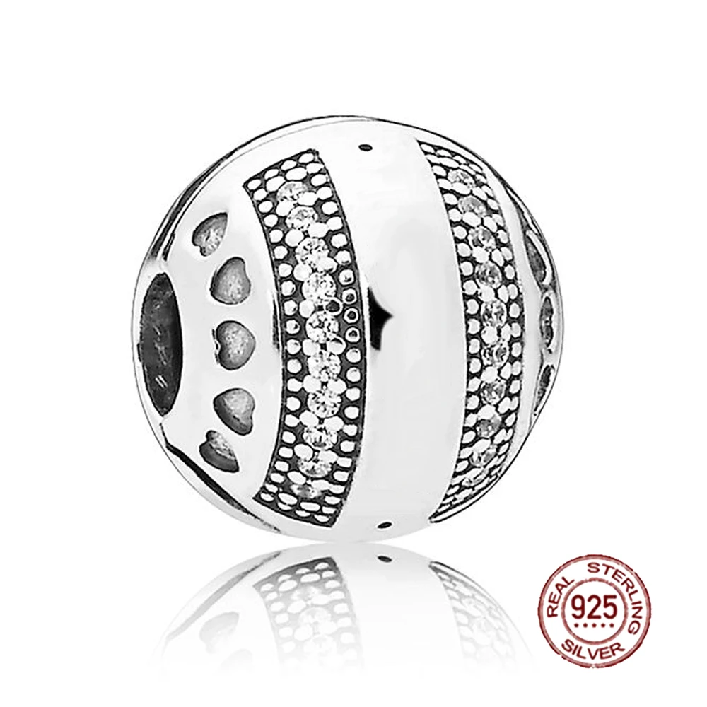 

NEW 2018 NEW 100% 925 Sterling Silver Logo Hearts Clip Clear CZ Charm Bead Fit Original Bracelet DIY Jewelry Mother Gift
