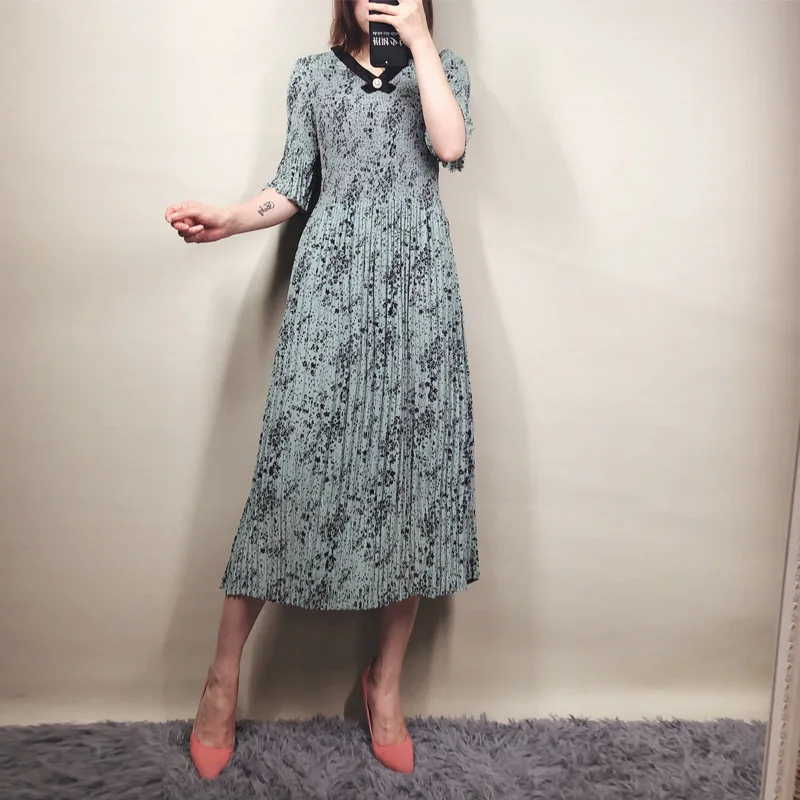 Miyake/новое летнее плиссированное платье в Корейском стиле; платье с сердечками для девочек; женское длинное платье с короткими рукавами - Цвет: Зеленый