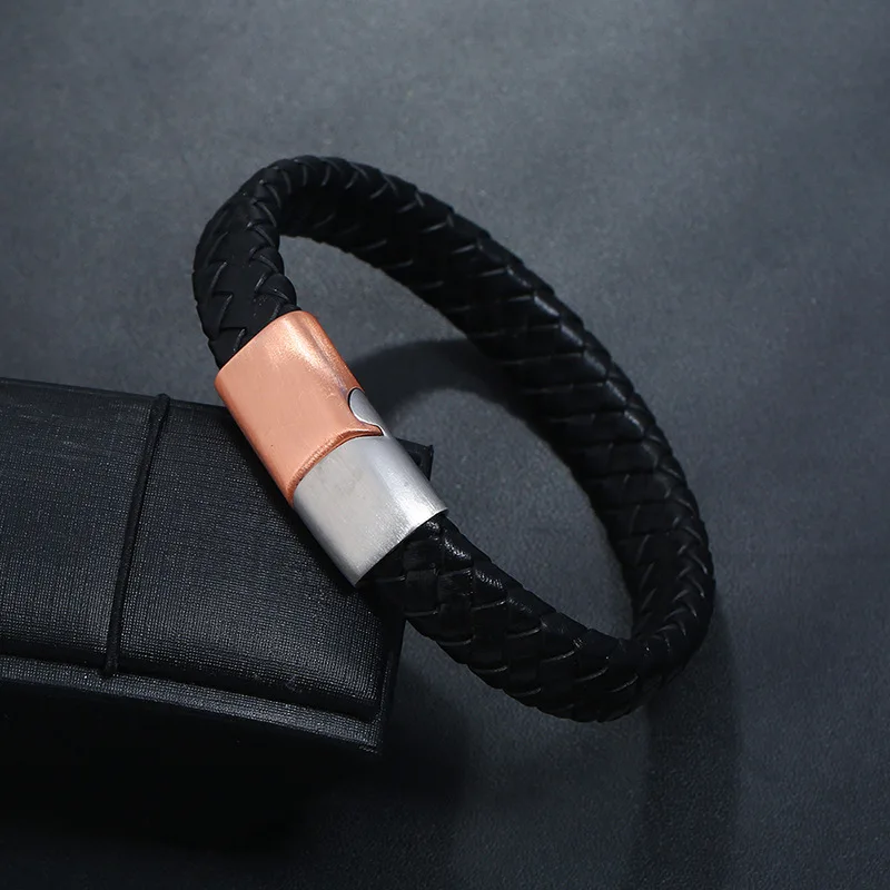 New Classic Style Men Leather Bracelet Simple Black Brown Khaki Stainless Steel Button Neutral Accessories Hand-woven Jewelry