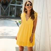 Solid Hollow Out  Short Dress Women New Sexy V Neck Butterfly Sleeve Hollow Lace Dress Casual Loose Summer Women Dress ► Photo 3/6