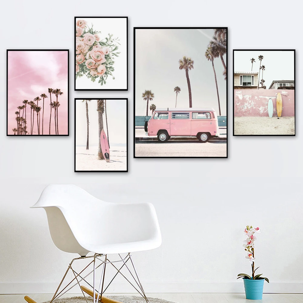 

Pink Bus Sky Sea Beach Coconut Palm Flower Nordic Posters And Prints Wall Art Canvas Painting Wall Picture For Living Room Decor