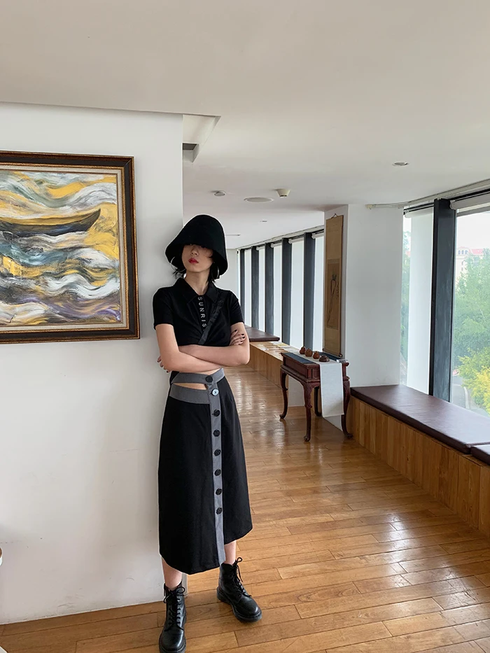 [DEAT] Knited Multi-buckle Hit Color High Elastic Waist Half-body Skirt Women Fashion Tide New Spring Summer 2020 13T204