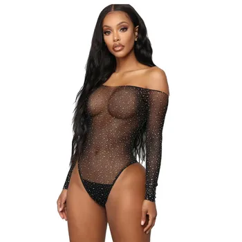 

Sexy Women Long Sleeve Fishnet See Through Playsuit Jumpsuit Rhinestone Bodysuit Leotard Tops Swimsuit Hollow Out Off Shoulder