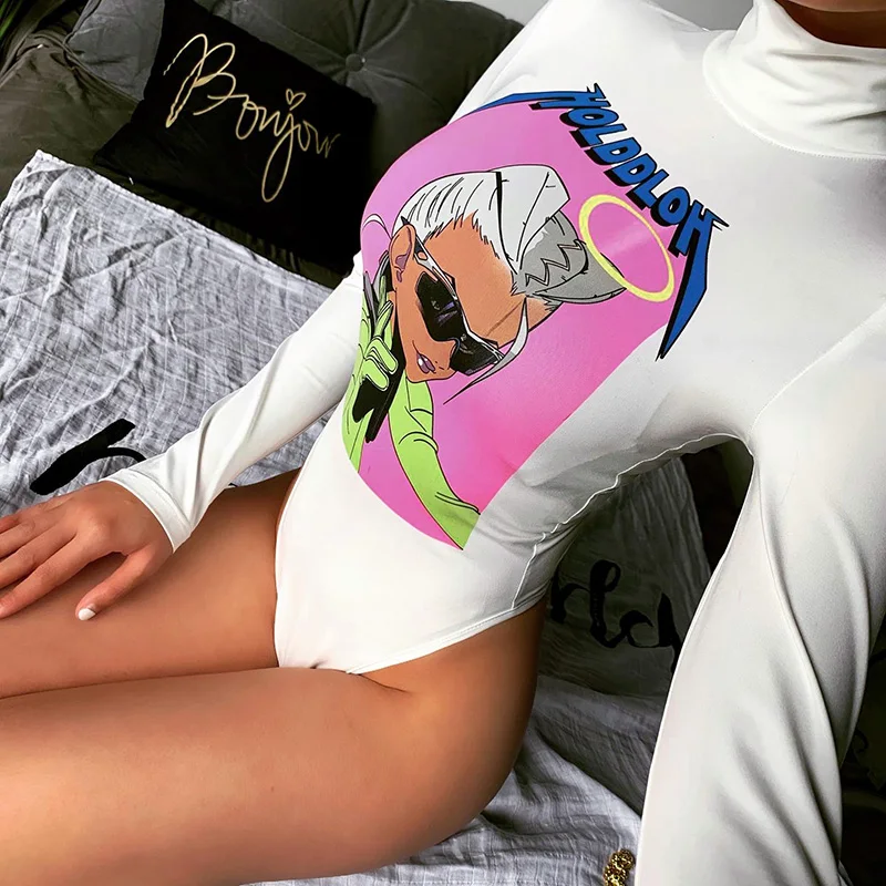 Casual Bodysuit Cartoon Print Long Sleeve Turtleneck OC0177