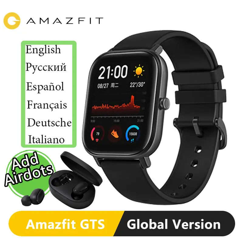 Глобальная версия Amazfit GTS Смарт-часы 5ATM водонепроницаемые плавательные умные часы 14 дней батарея управление музыкой для телефона Xiaomi IOS - Цвет: Add RedmiAirDots