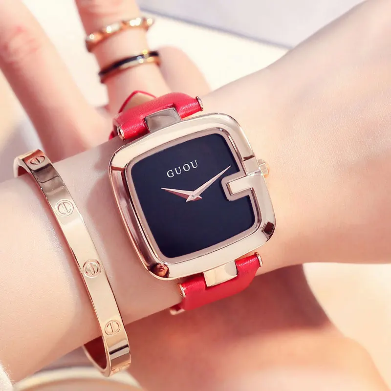 GUOU Лидирующий бренд Для женщин часы квадратной формы модные женские часы Роскошные женские наручные для Для женщин натуральная кожа часы с ремешками Saati