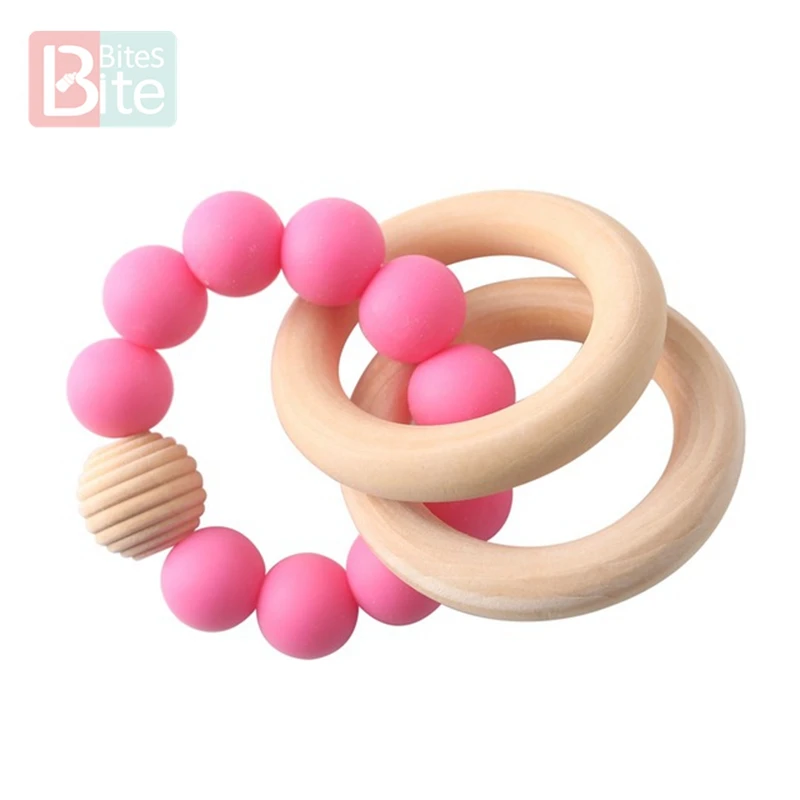 Hot pink Rattle 1 шт. детский Прорезыватель для зубов, браслет на заказ, силиконовые бусины в форме звезды, жевательные деревянные кольца, погремушка на колесиках для детей, игрушки - Цвет: Hot pink Rattle