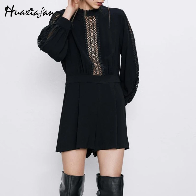 Huaxiafan комбинезоны с открытой спиной, Модные женские сексуальные черные короткие комбинезоны с длинным рукавом и круглым вырезом в стиле пэчворк, женская одежда