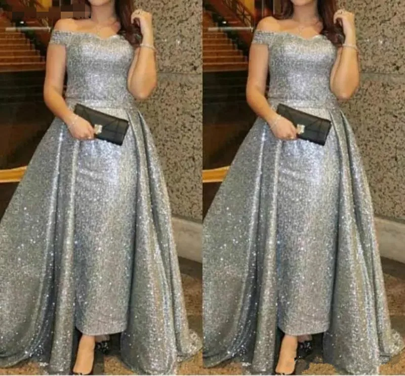 Silver Sequined Mother of The Bride Dresses Gowns Overskirt Plus Size Off Shoulder Capped Sleeveless Prom Evening | Свадьбы и