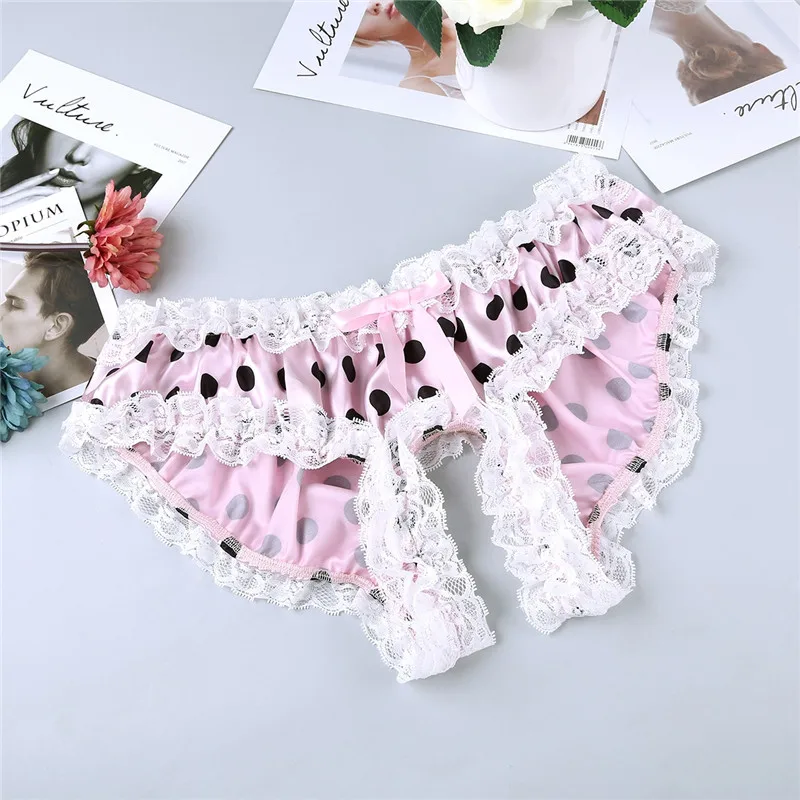 Мужское нижнее белье Sissy, мягкие блестящие гофрированные кружевные трусики в горошек, трусы с открытой промежностью, нижнее белье, мужские сексуальные трусы