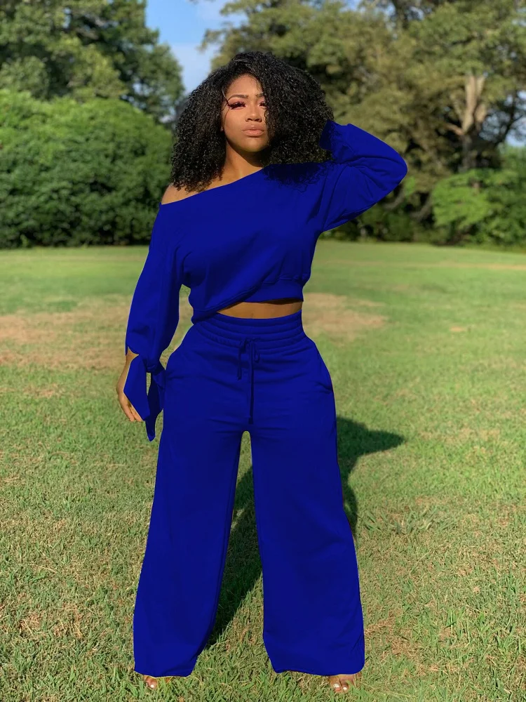 

2020 New Fall Winter Two Pieces Set Women Pop Open-Shoulder Top And Casual Wide Leg Pants Suits Party Sexy Trousers Outfits