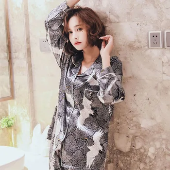 

2020 Spring and Autumn Prints Women's Casual Pajamas Set Satin Silk Pajamas Long Sleeve Pants Two-Piece Home Service
